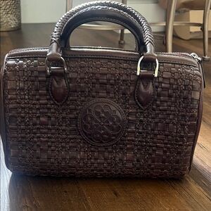 Brighton Dark Brown Woven Leather Satchel with Medallion Accent